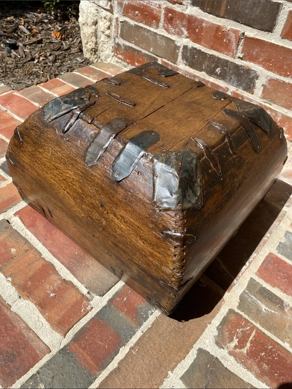 Antique Chinese Wooden Rice Measure Basket w/Handle and rustic metal accents